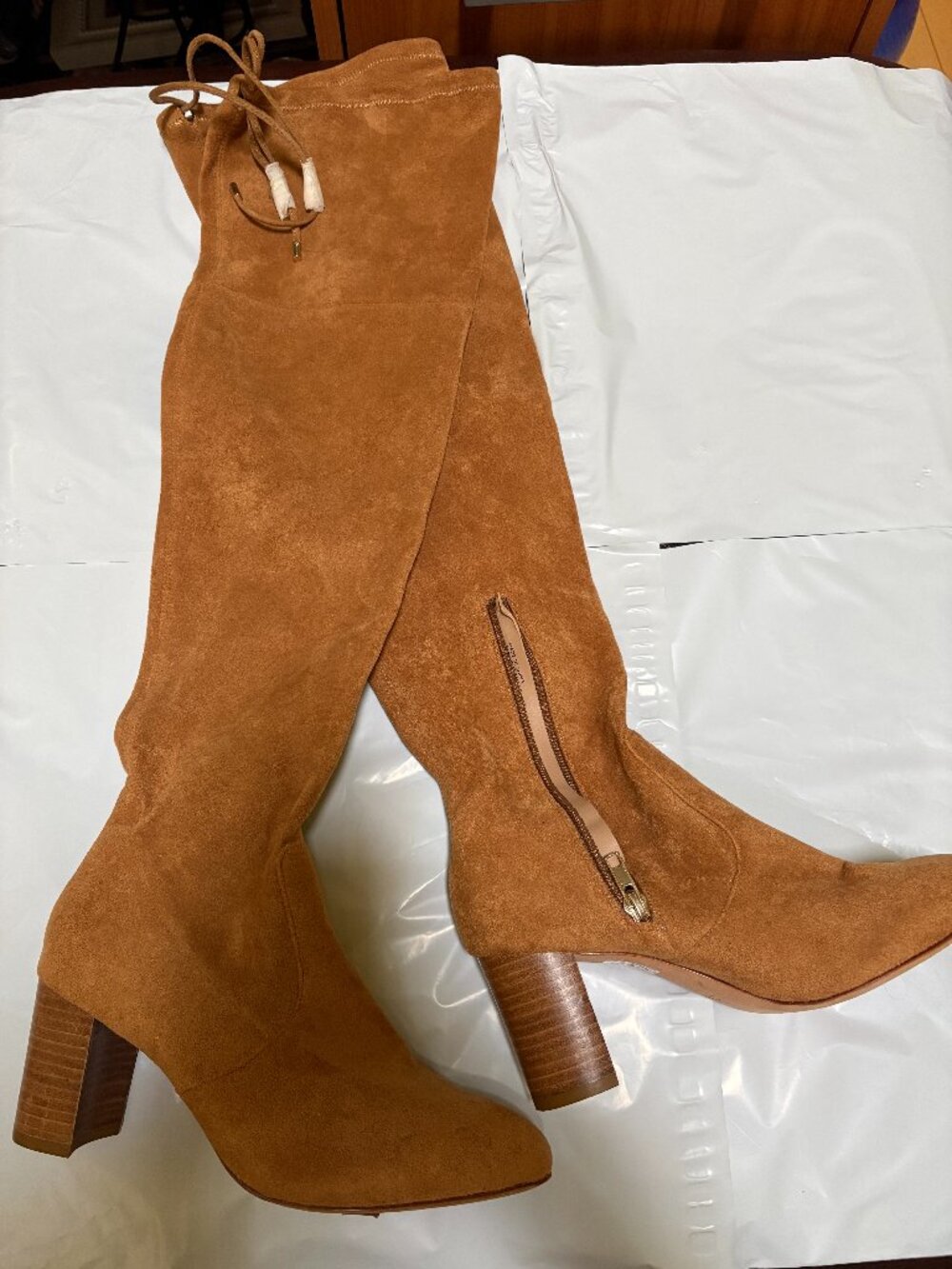 Anthropologie Tan suede thigh-high over-the-knee almond toe block heel boot Sz 7